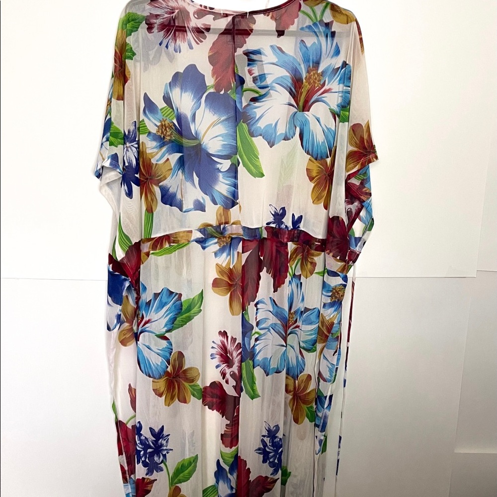 Fashion Nova White Floral Swim Coverup with Red, Blue & Green Accents - Picture 2 of 5